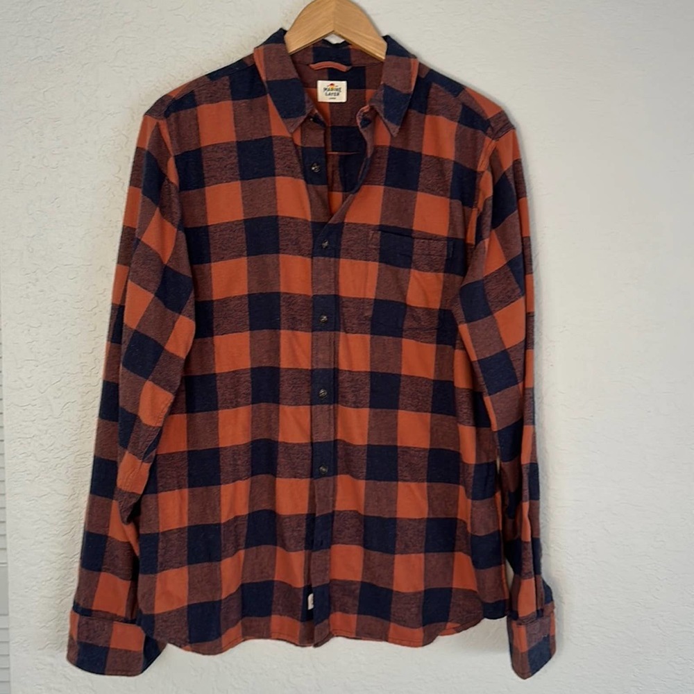 Marine Layer Orange and Navy Plaid Button-Down Shirt